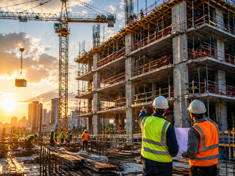 Two people looking over a construction site